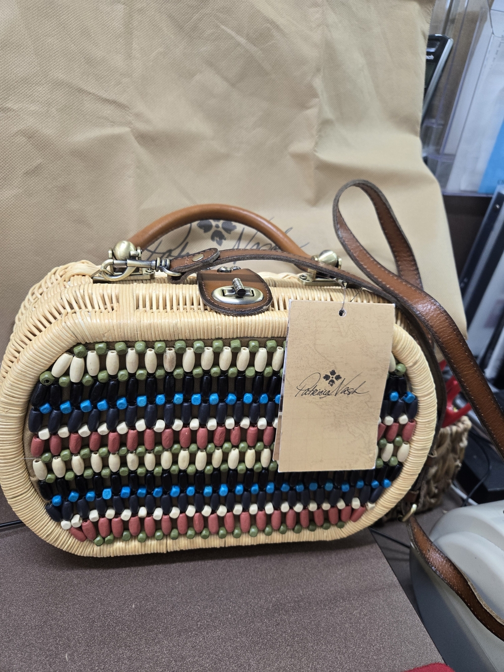Patricia Nash Beige Straw Crossbody with Multicolor Bead Inlay